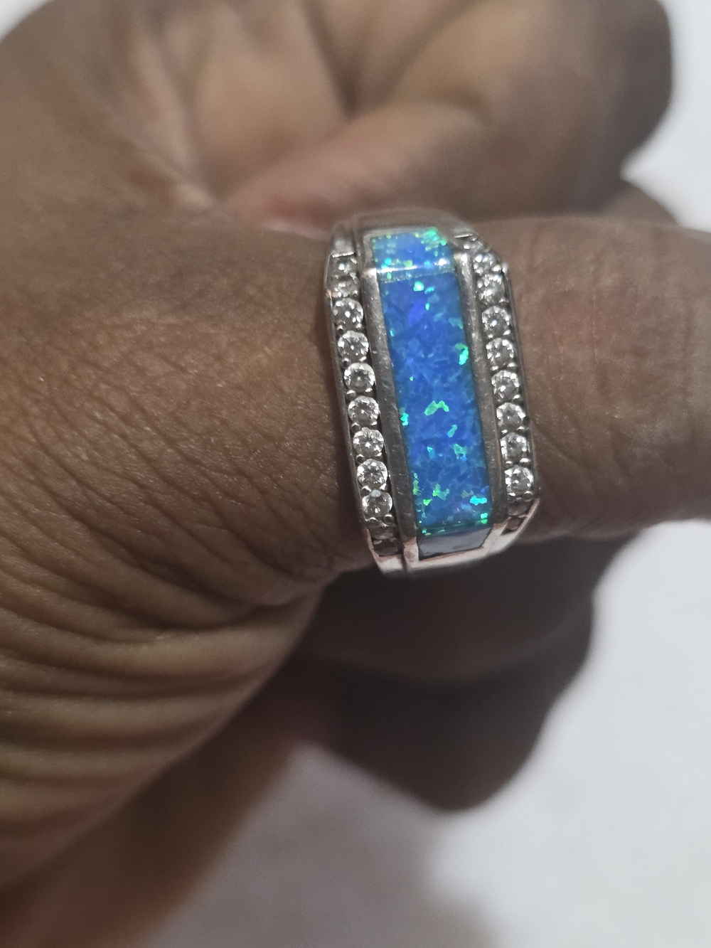 ALOHA  Blue Opal Channel Ring with Clear Accents